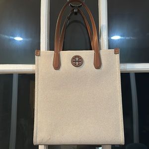 Tory Burch small fabric tote with leather trim.
